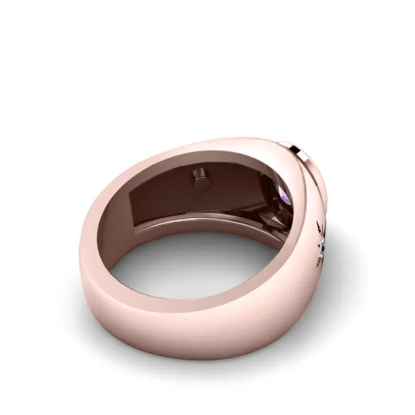 3-Stone Accented Men's Ring Amethyst in Rose Gold-Plated Silver with Diamonds Hallmarked Band