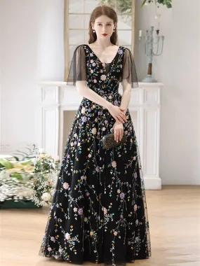 A-Line V Neck  Tulle Lace Black Long Prom Dress, Black Long Evening Dress