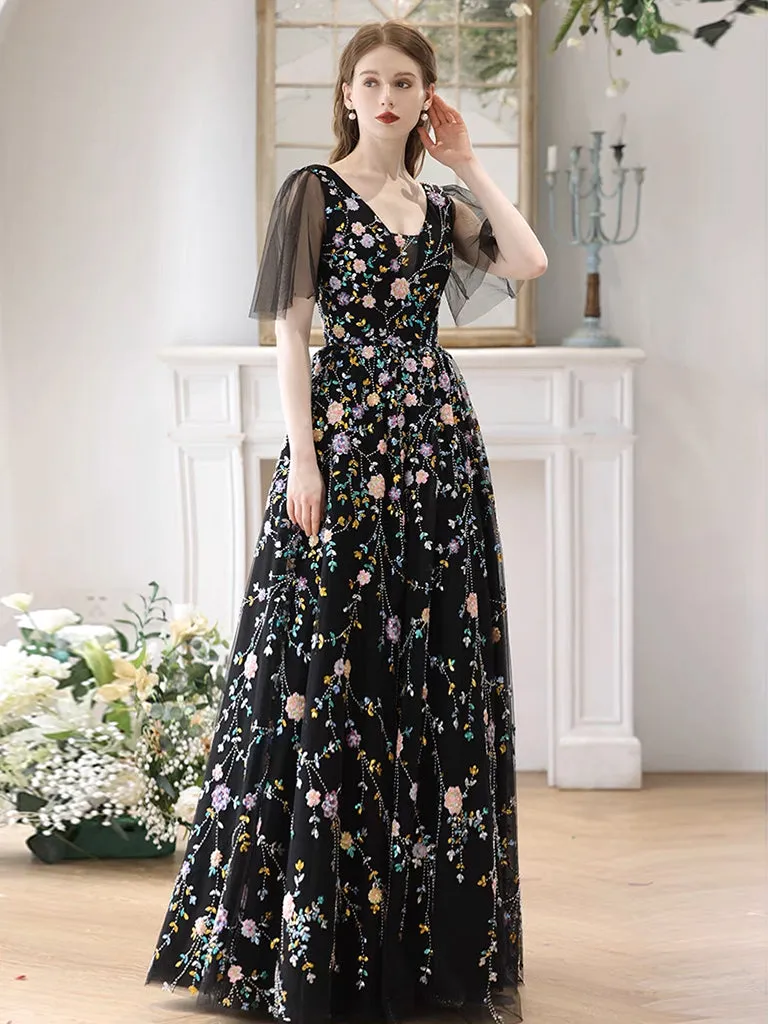 A-Line V Neck  Tulle Lace Black Long Prom Dress, Black Long Evening Dress