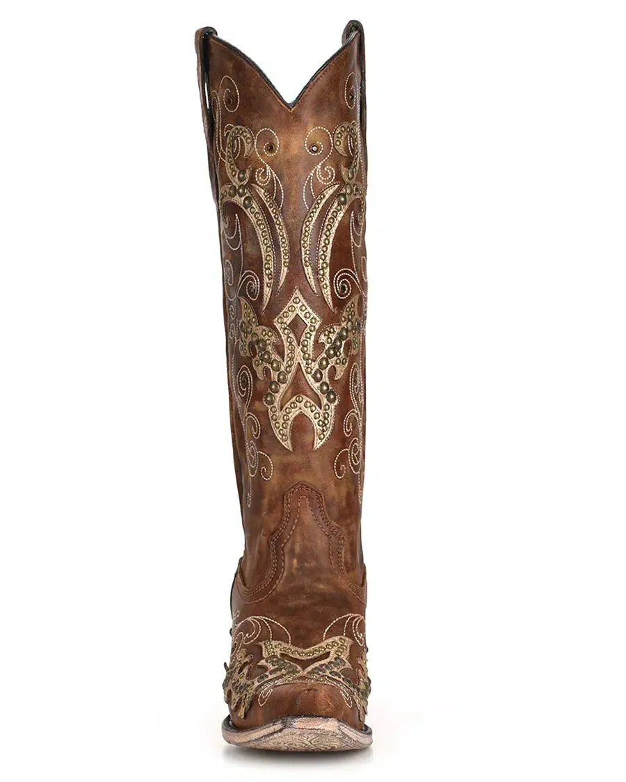 A3638 - Corral brown western cowgirl leather tall boots for women