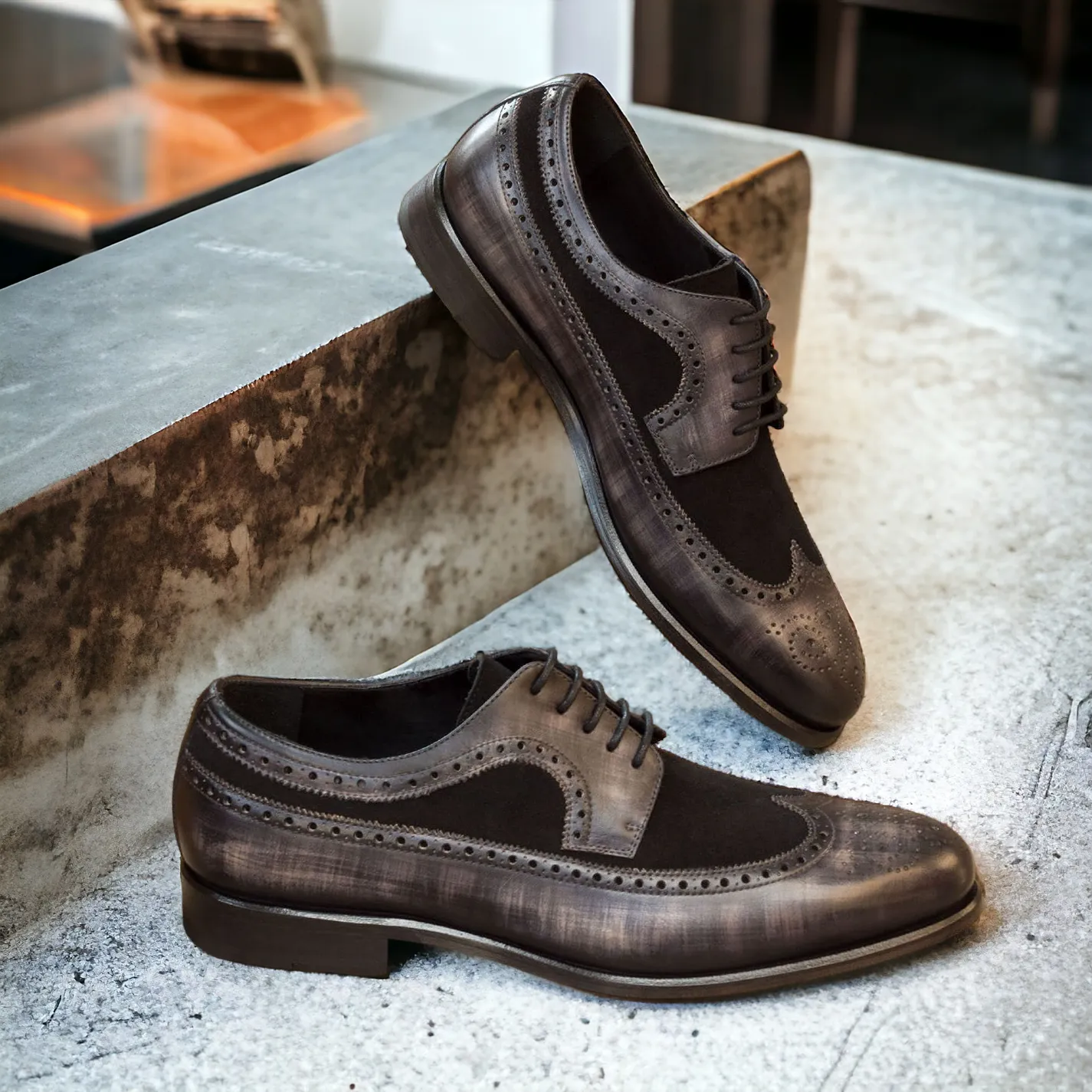 Ambrogio Bespoke Custom Men's Shoes Black & Gray Suede / Patina Leather Wintip Oxfords (AMB1987)