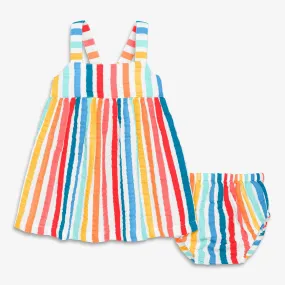 Baby cotton gauze dress & bloomer set in bright rainbow stripe