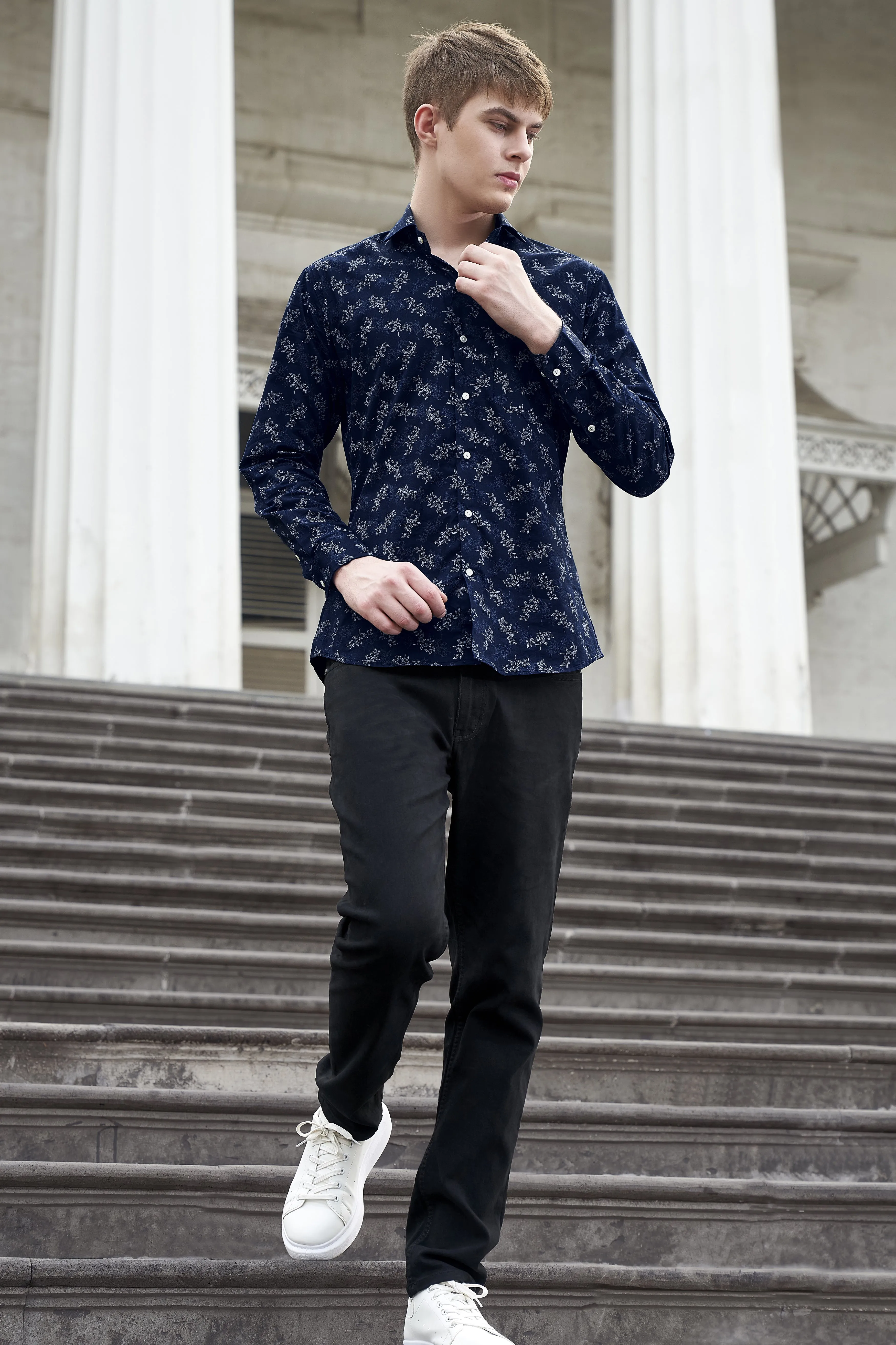 Baltic Navy Blue With Ditsy Printed Super Soft Premium Cotton Shirt