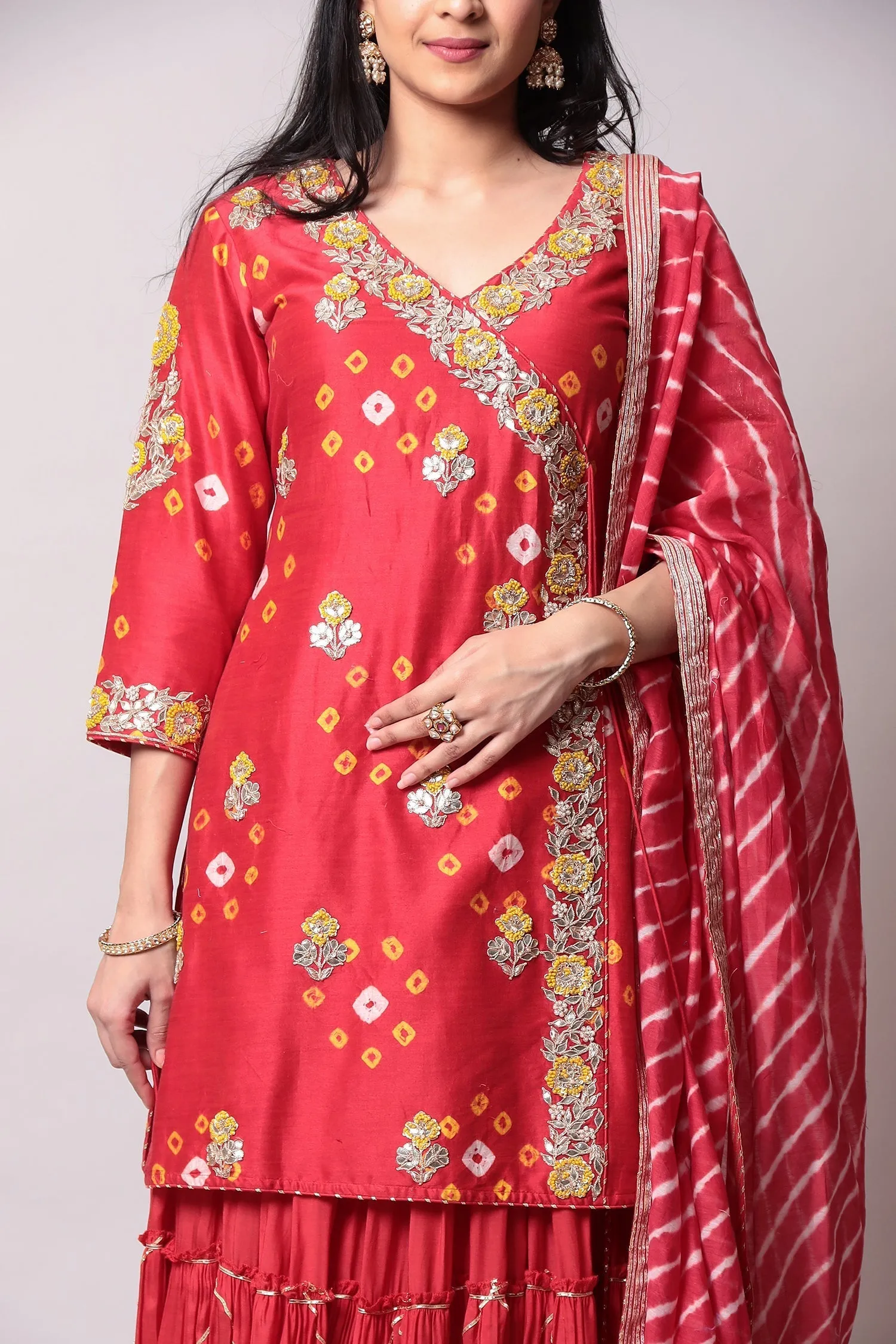 Bandhej Glace cotton Suit with Gota Patti, Thread work.