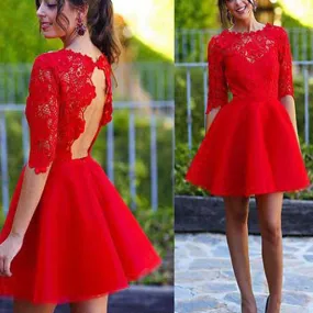 Blush red half sleeve see through lace open back charming homecoming prom gown dress, BDY0120