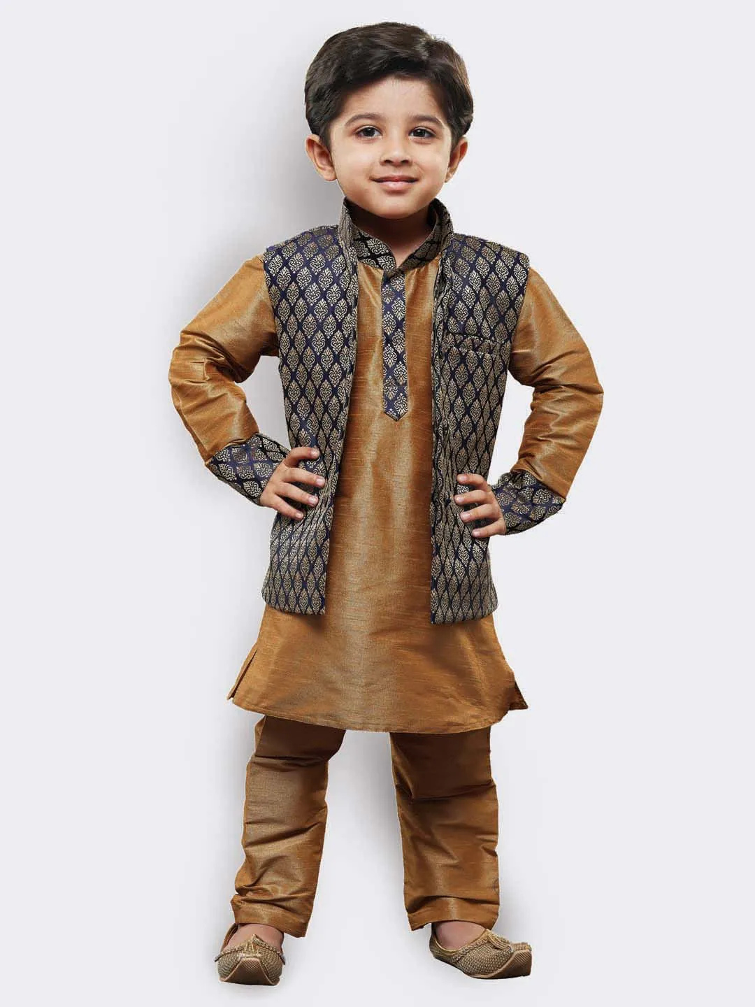 Boys' Gold Cotton Silk Kurta, Waistcoat and Pyjama Set