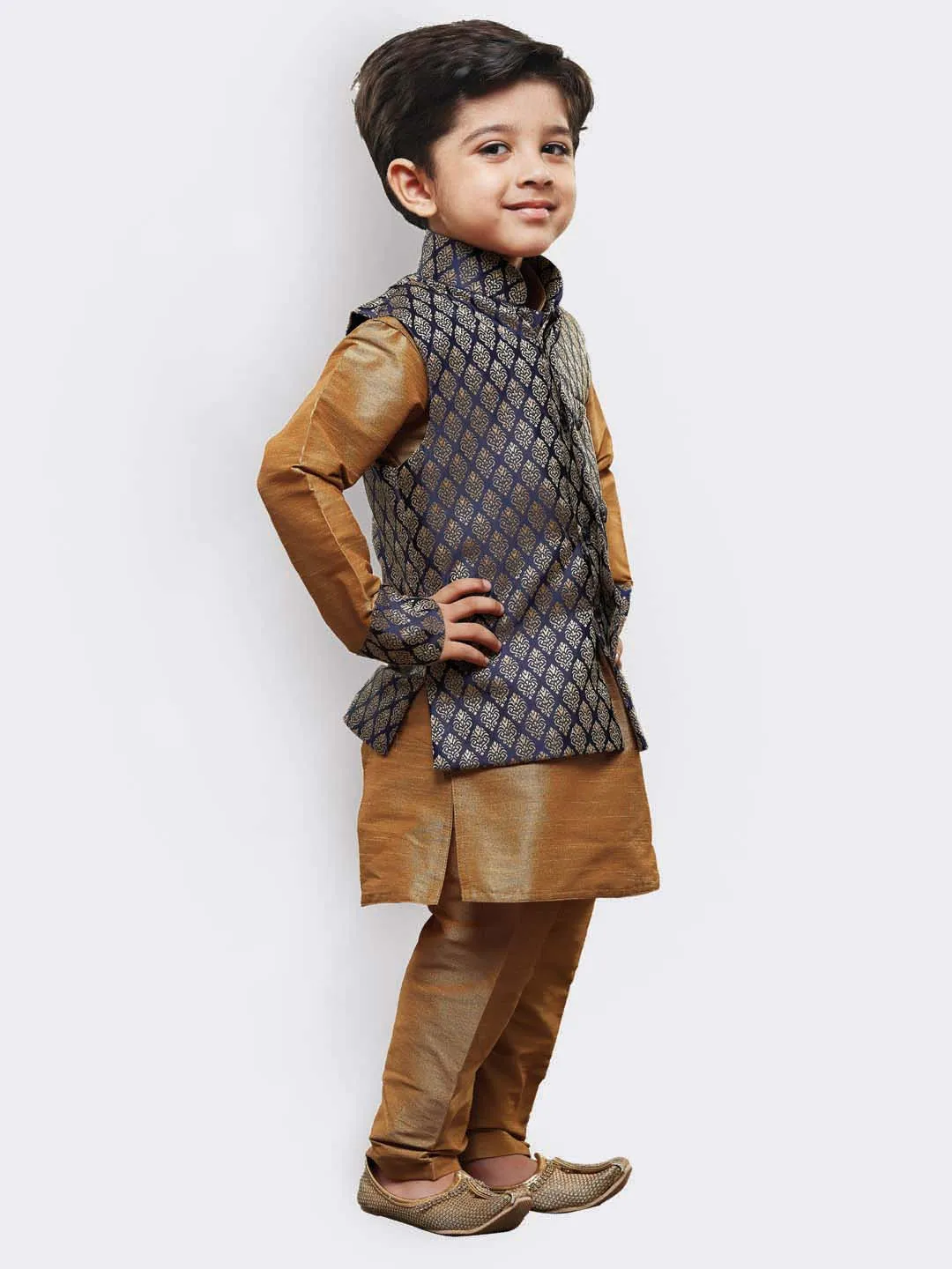 Boys' Gold Cotton Silk Kurta, Waistcoat and Pyjama Set