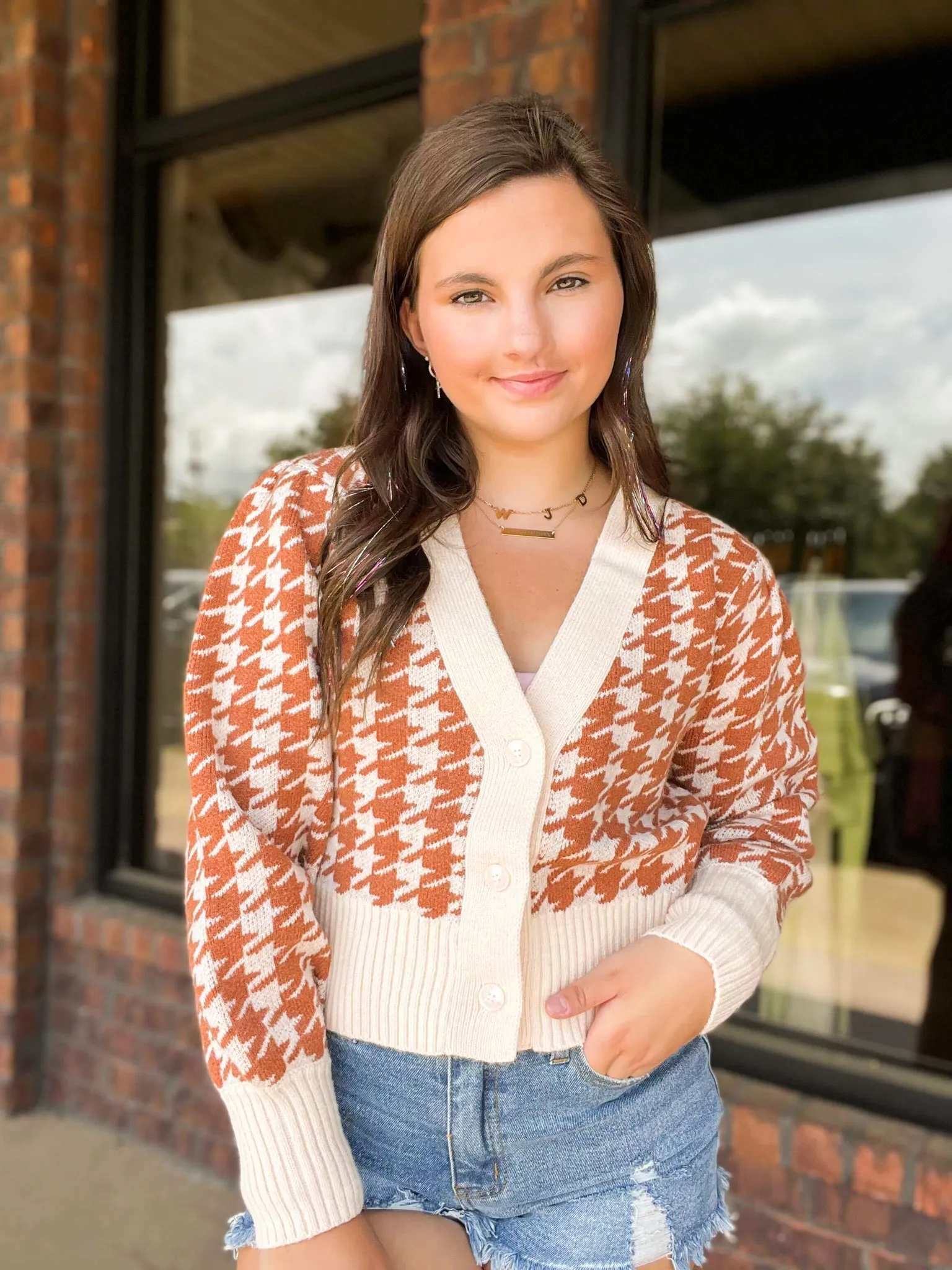 Camel Houndstooth Long Sleeve Sweater