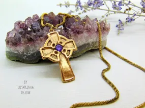 Celtic Cross Necklace With Amethyst, Irish Celtic Cross Pendant Bronze Necklace