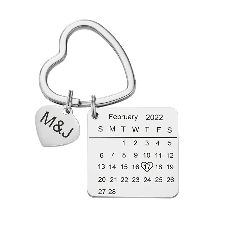 Custom Engraved Calendar Keychain Heart Key Ring Save the Date Keychain Creative Gift