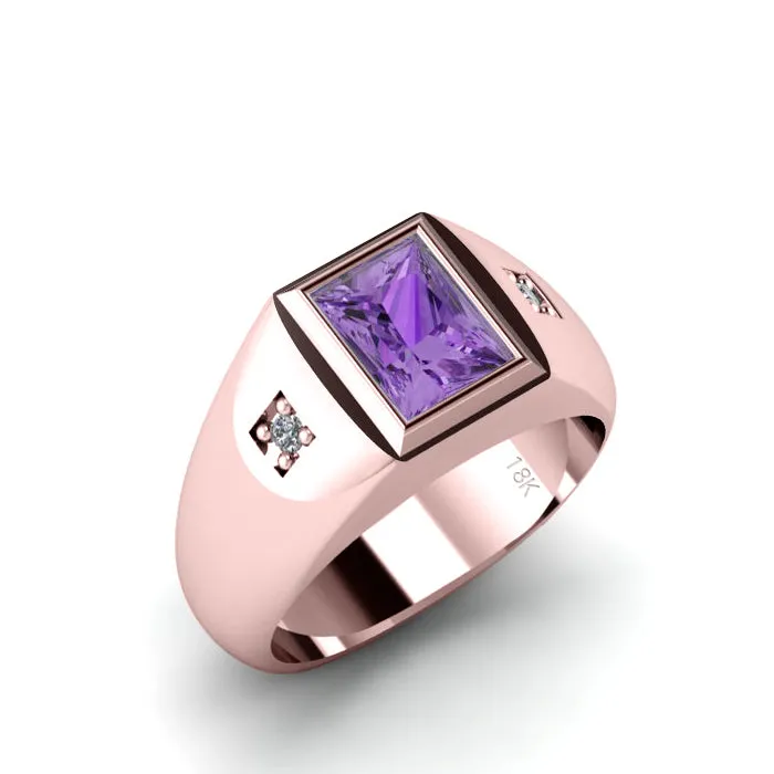 Custom Engraved Men's Ring Bezel Set Amethyst with 2 GENUINE Diamonds 18k Solid Rose Gold