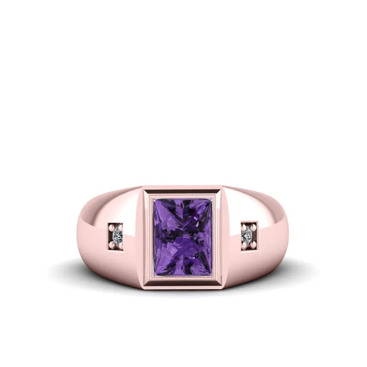 Custom Engraved Men's Ring Bezel Set Amethyst with 2 GENUINE Diamonds 18k Solid Rose Gold