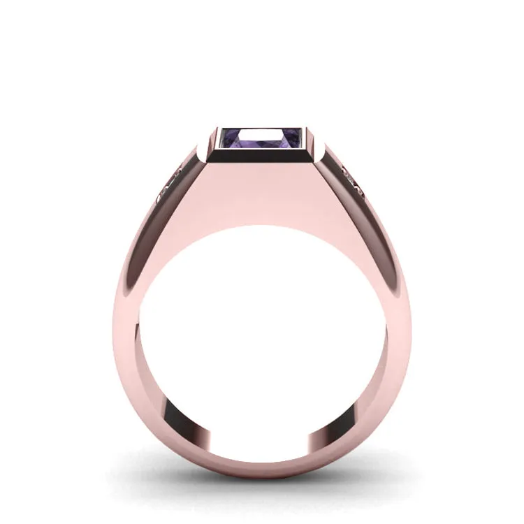 Custom Engraved Men's Ring Bezel Set Amethyst with 2 GENUINE Diamonds 18k Solid Rose Gold