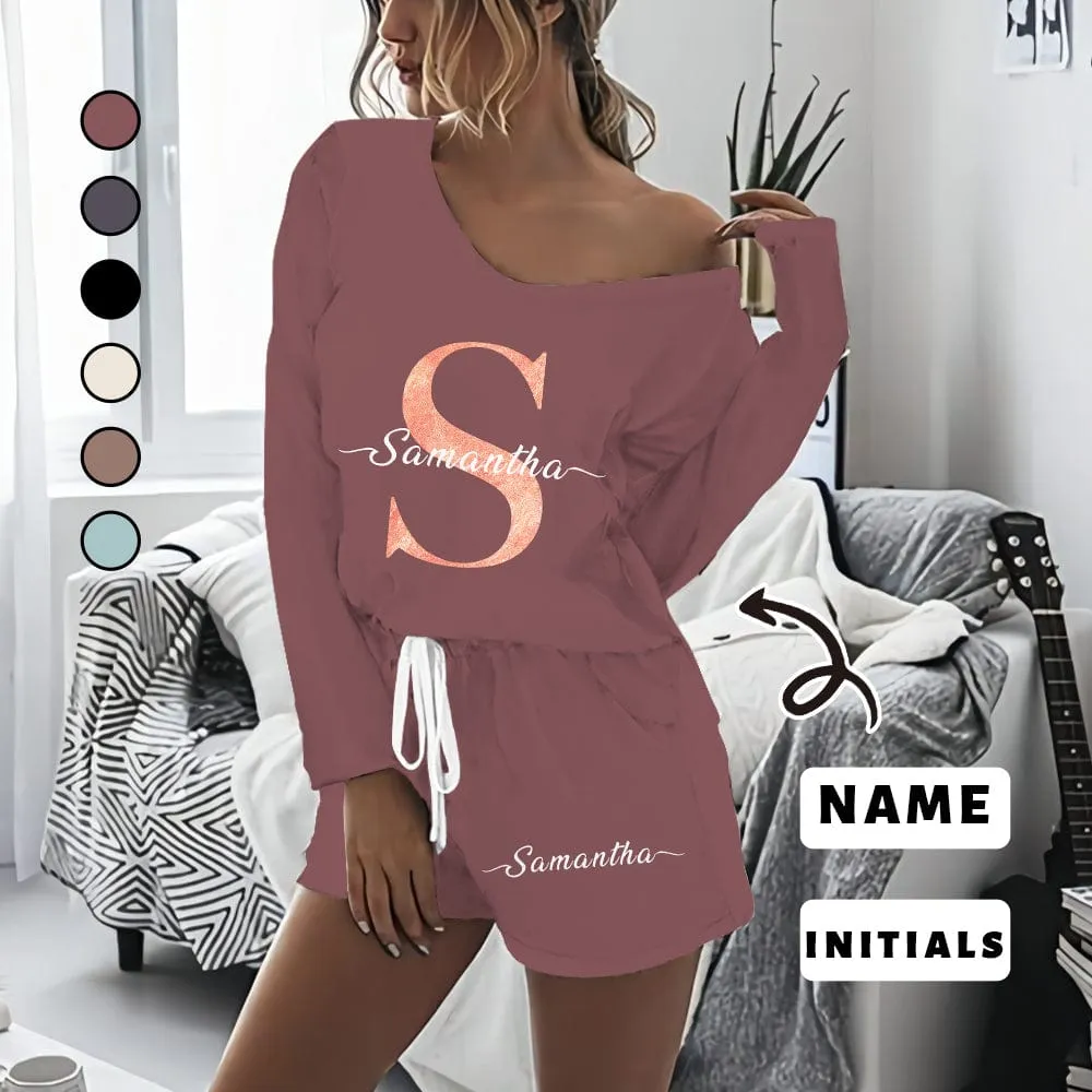 Custom initials & name Women's Long Sleeve One Side Off Shoulder Short Pajama Set