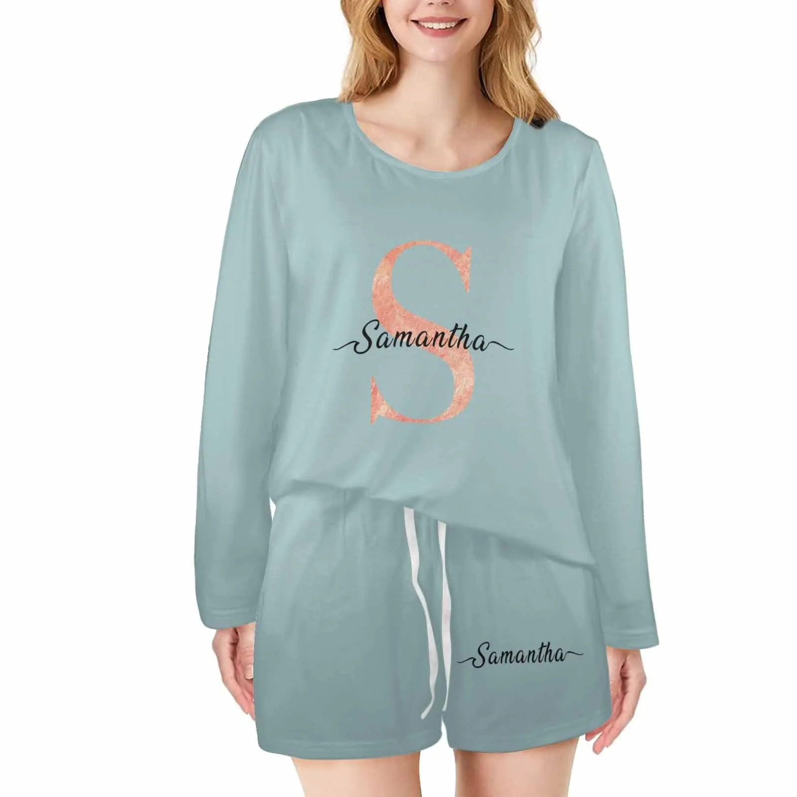 Custom initials & name Women's Long Sleeve One Side Off Shoulder Short Pajama Set