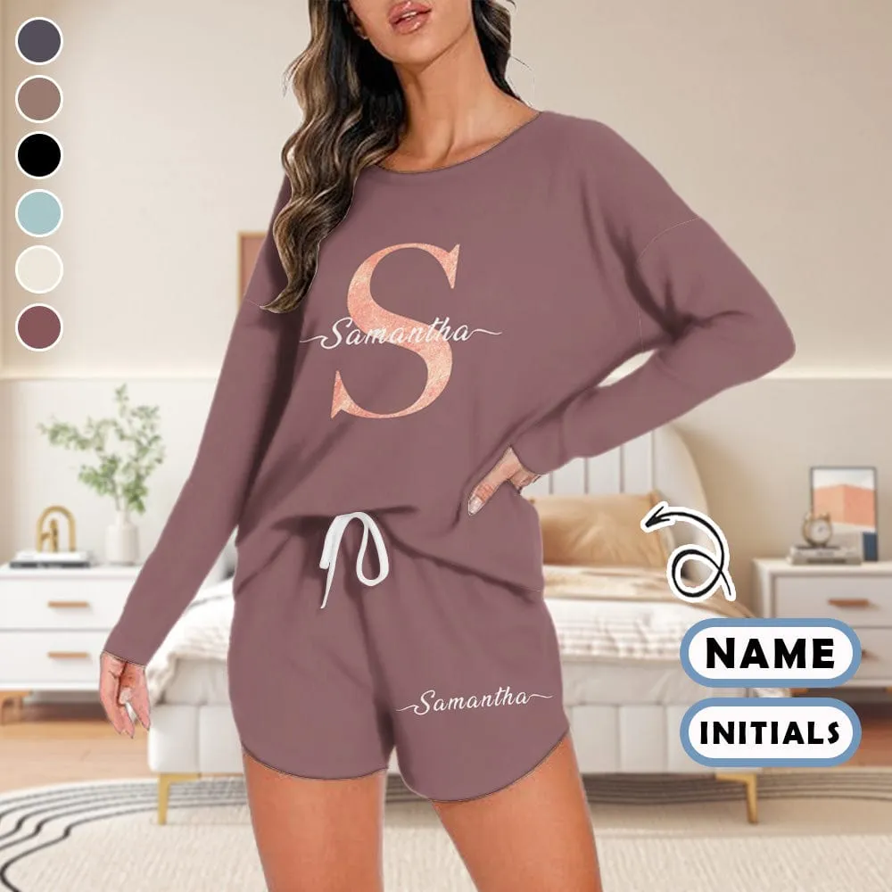 Custom initials & name Women's Long Sleeve One Side Off Shoulder Short Pajama Set