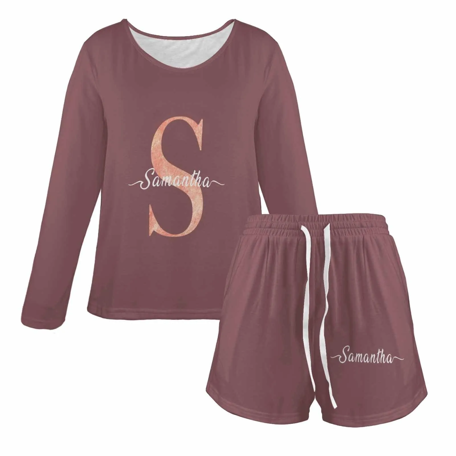 Custom initials & name Women's Long Sleeve One Side Off Shoulder Short Pajama Set