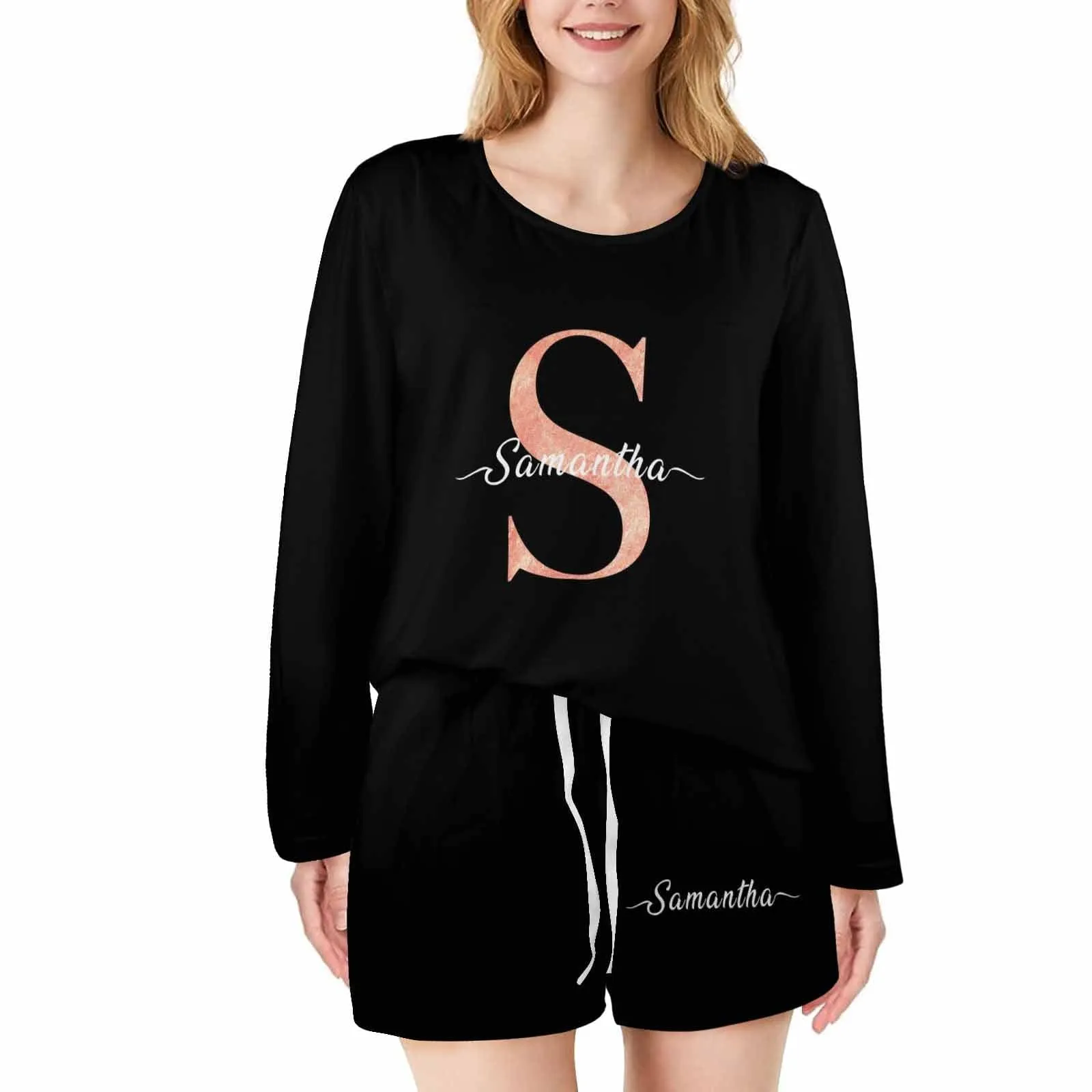 Custom initials & name Women's Long Sleeve One Side Off Shoulder Short Pajama Set