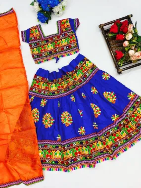 Fabulous Blue Cotton Festival Wear Mirror Work Kids Lehenga Choli