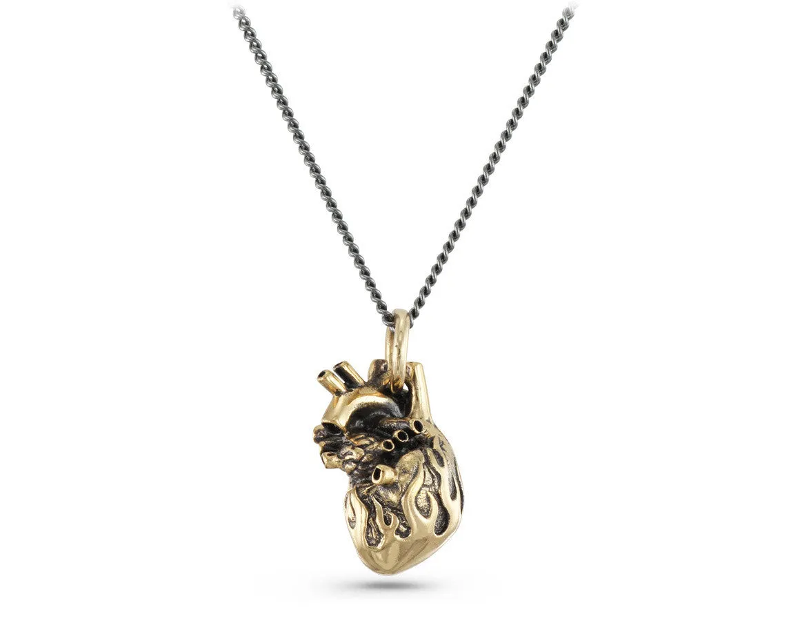 Flaming Anatomical Heart Necklace - Bronze