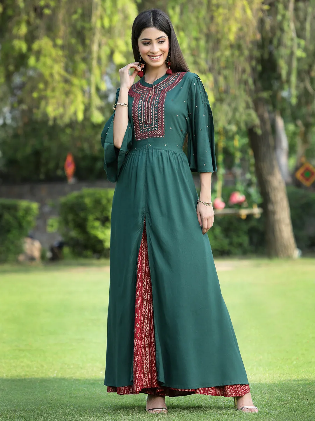 Juniper Jade Green Ethnic Motif Printed Rayon High-Slit Kurta & Palazzo Set With Thread Work Embroidery