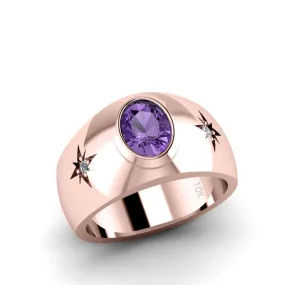 Male Wedding Ring in SOLID 10K Rose Gold Oval Cut Amethyst with 2 Natural Diamonds Thick Band