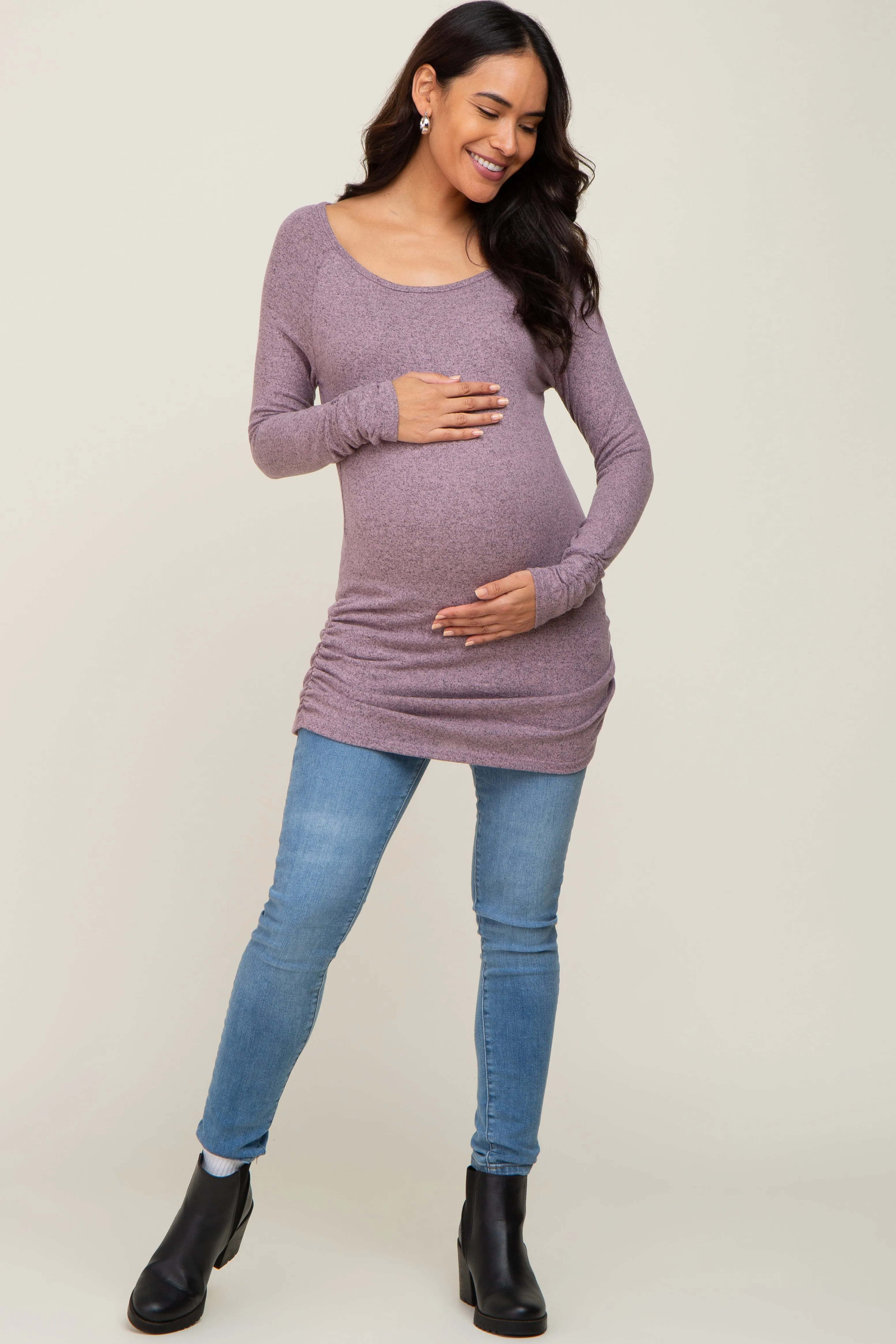 Mauve Brushed Knit Ruched Maternity Top