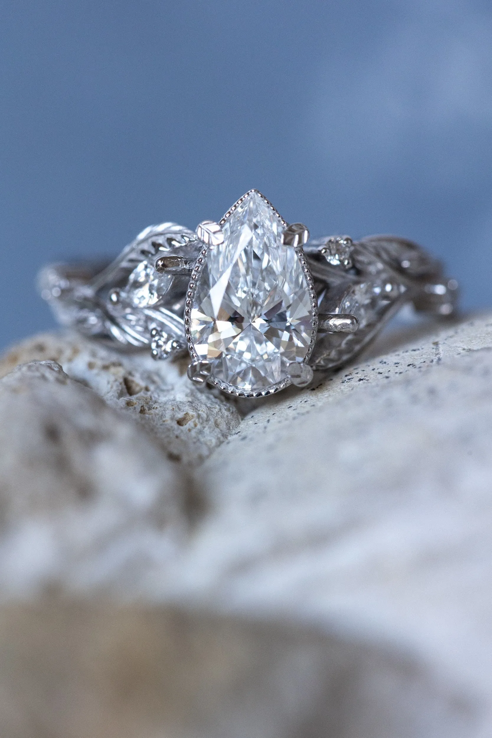 Pear lab grown diamond engagement ring, white gold vines and leaves ring with diamonds / Patricia