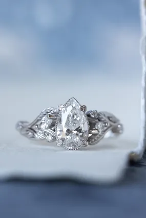 Pear lab grown diamond engagement ring, white gold vines and leaves ring with diamonds / Patricia