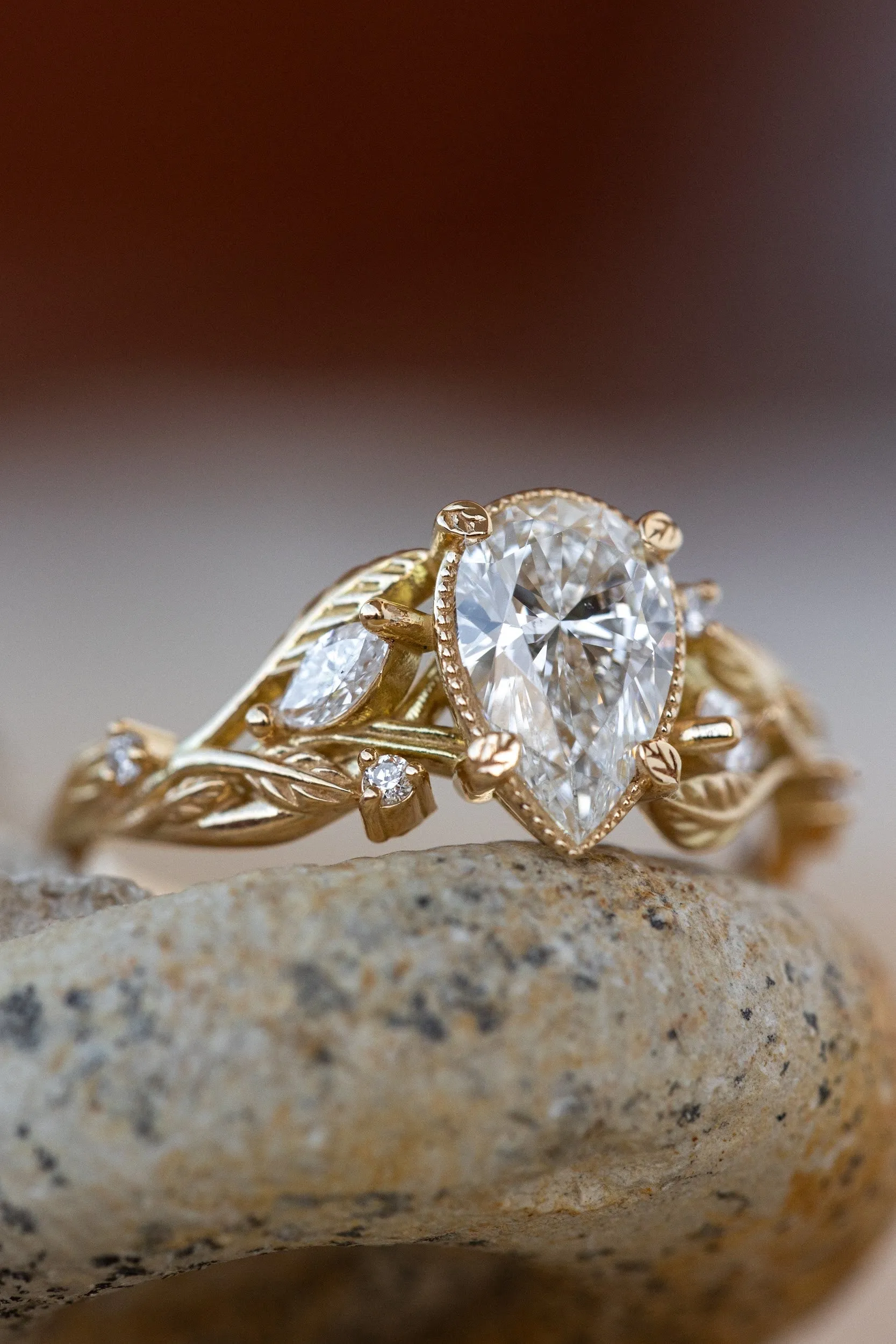 Pear lab grown diamond engagement ring, white gold vines and leaves ring with diamonds / Patricia