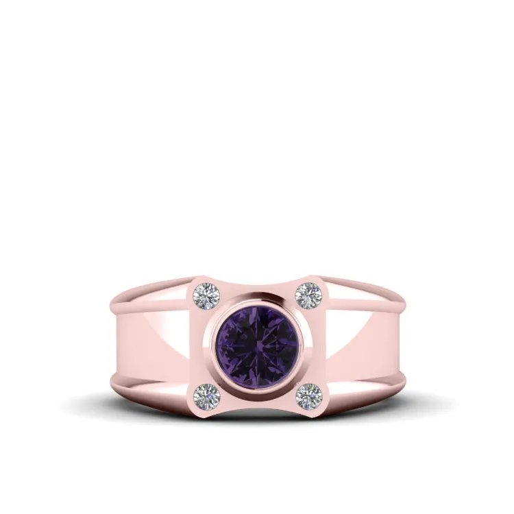 Pinky Ring SOLID 18k Rose Gold with Round Amethyst Gemstone and 4 Diamonds Engrave Ring for Man