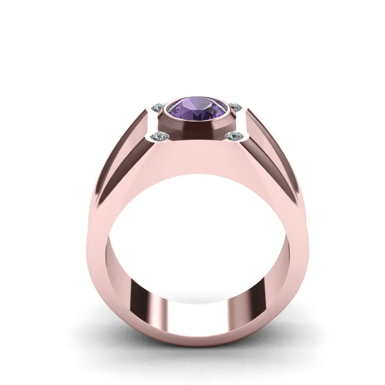 Pinky Ring SOLID 18k Rose Gold with Round Amethyst Gemstone and 4 Diamonds Engrave Ring for Man