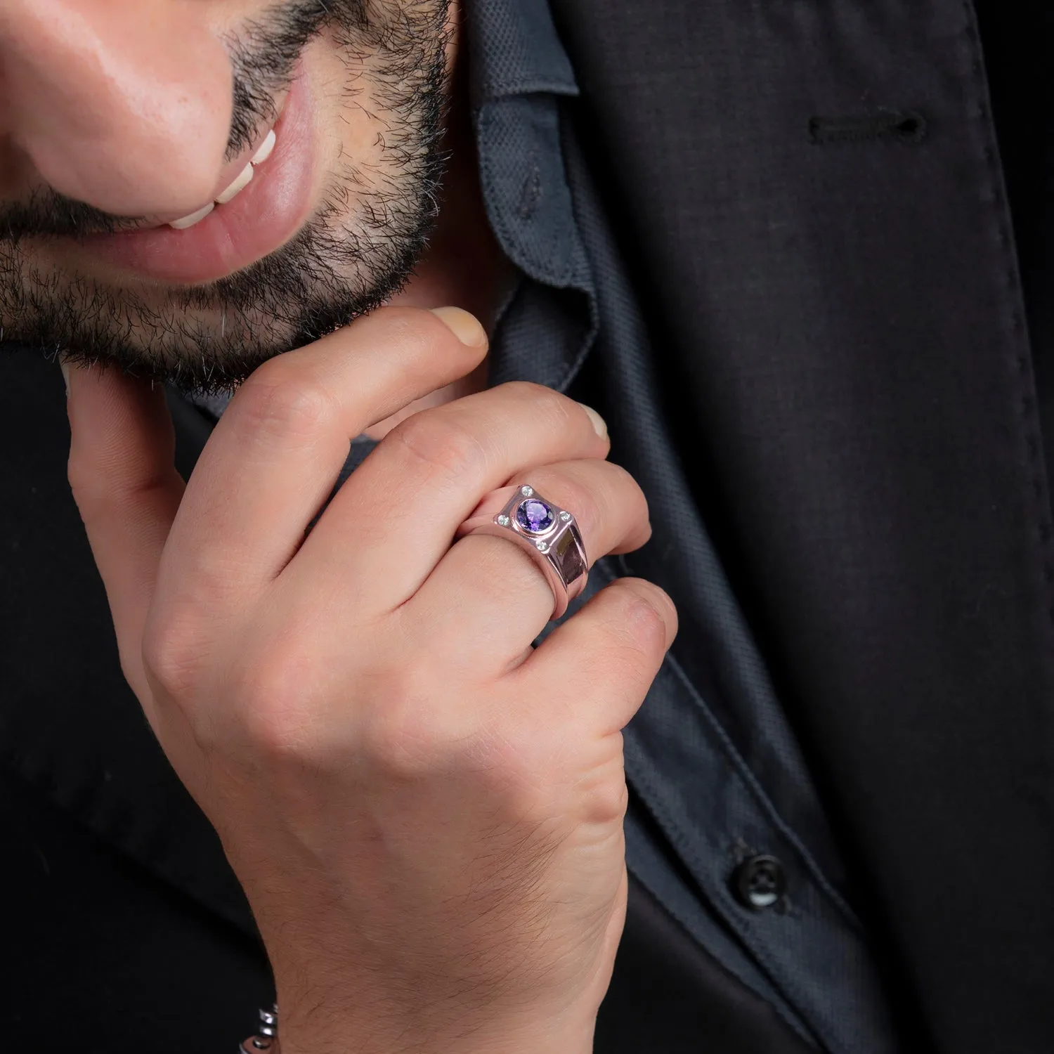 Pinky Ring SOLID 18k Rose Gold with Round Amethyst Gemstone and 4 Diamonds Engrave Ring for Man