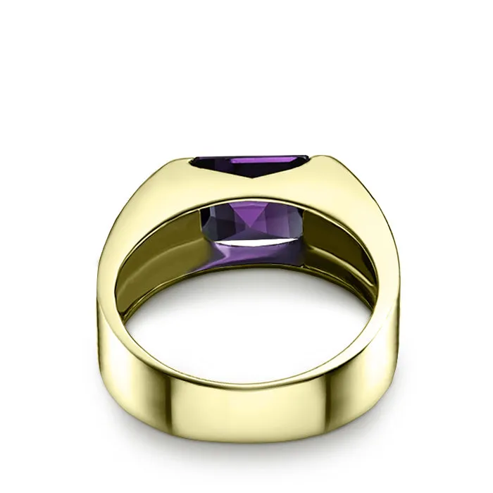 Simple Male Wedding Band with Emerald Cut Square Amethyst Men's Solid Gold Ring