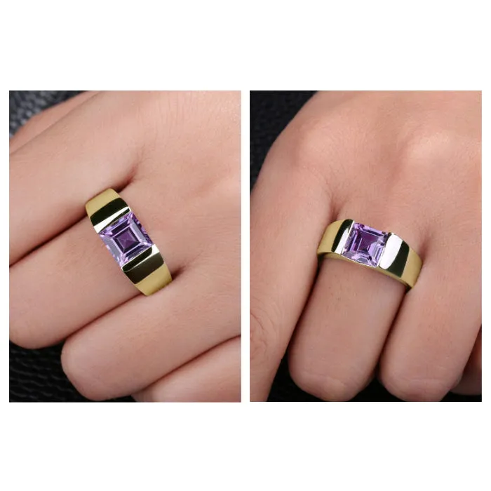 Simple Male Wedding Band with Emerald Cut Square Amethyst Men's Solid Gold Ring