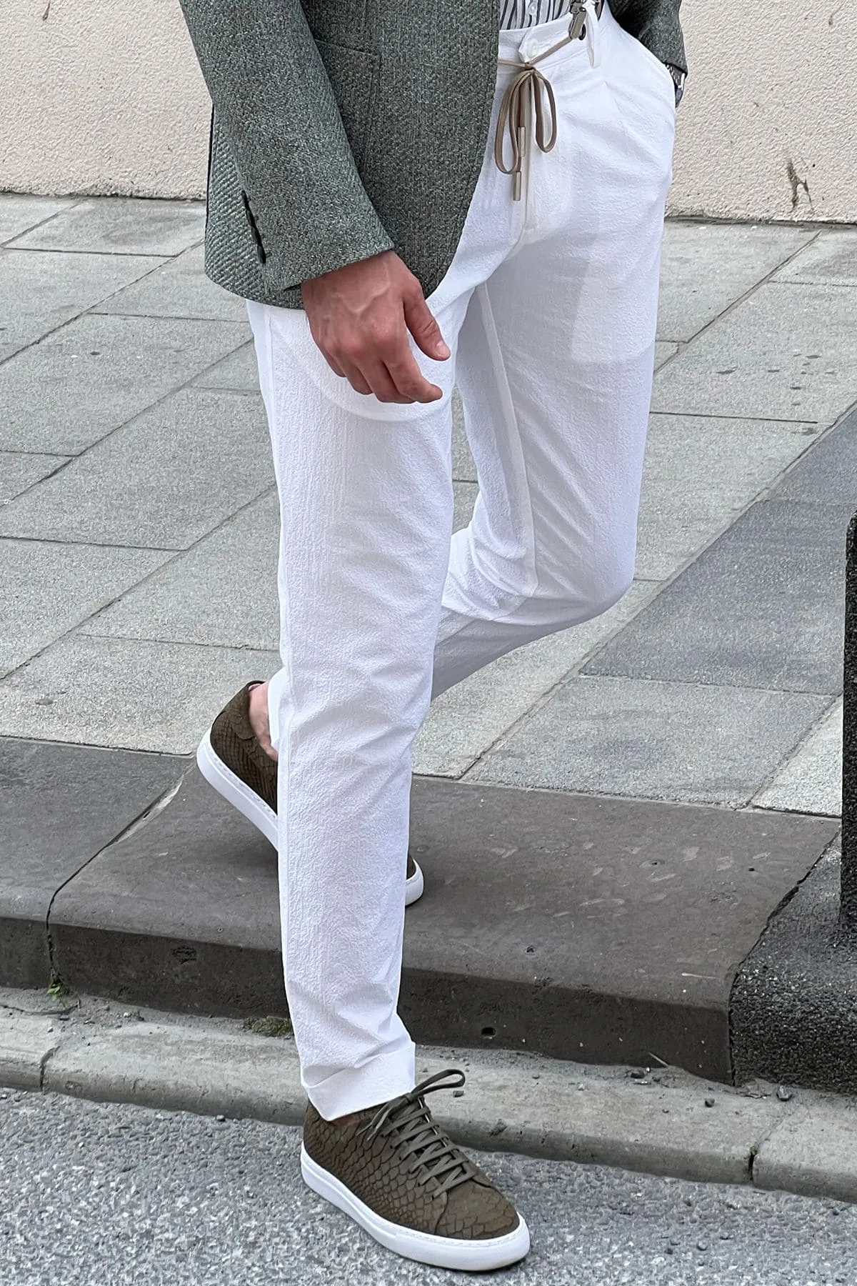 Slim-fit Self Patterned Side Pocket White Cotton Pants