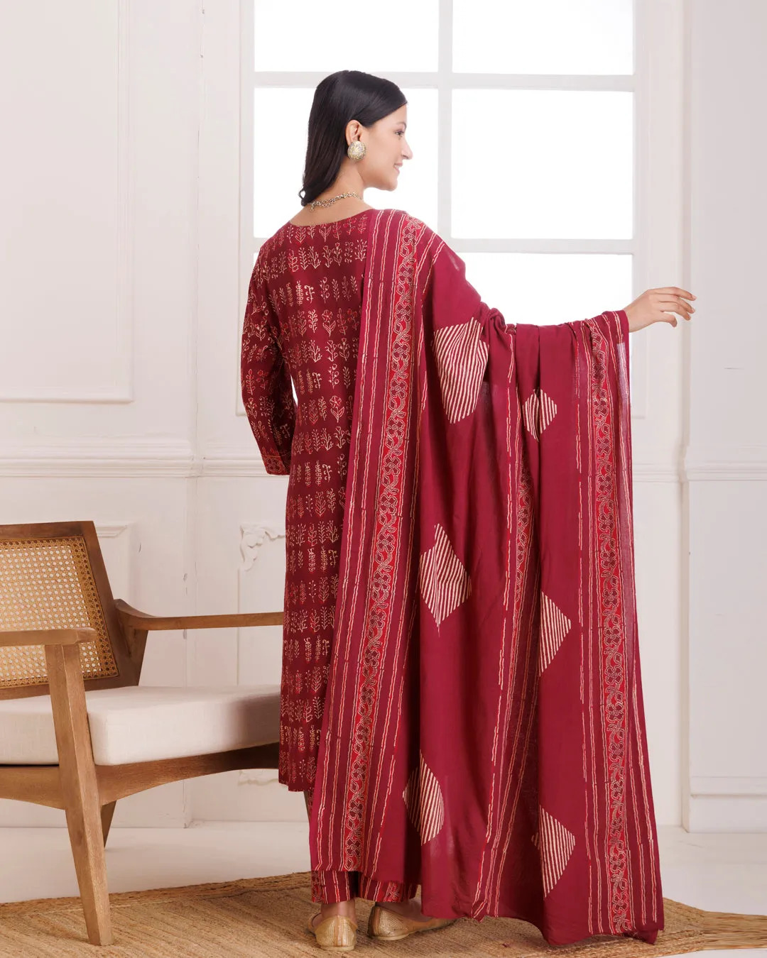 Wine Handblock Printed Cotton Suit Set