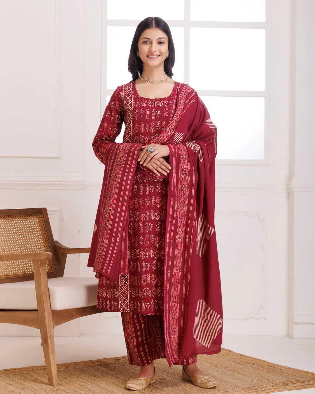 Wine Handblock Printed Cotton Suit Set