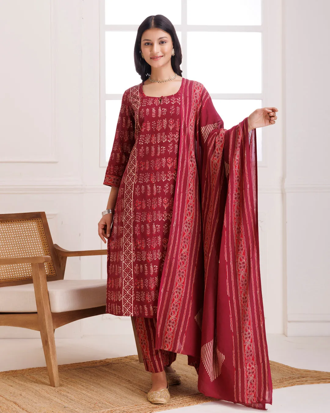 Wine Handblock Printed Cotton Suit Set