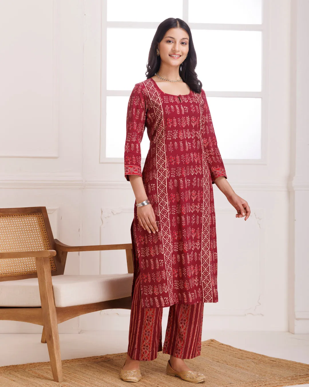 Wine Handblock Printed Cotton Suit Set