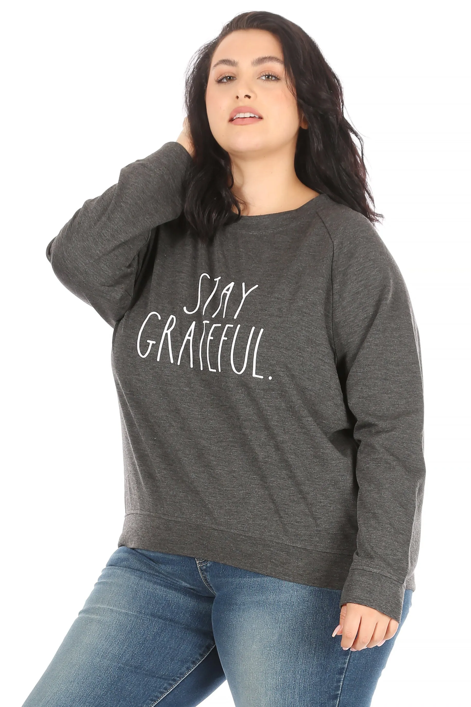 Women's "STAY GRATEFUL" Plus Size Studio Raglan Pullover Sweatshirt