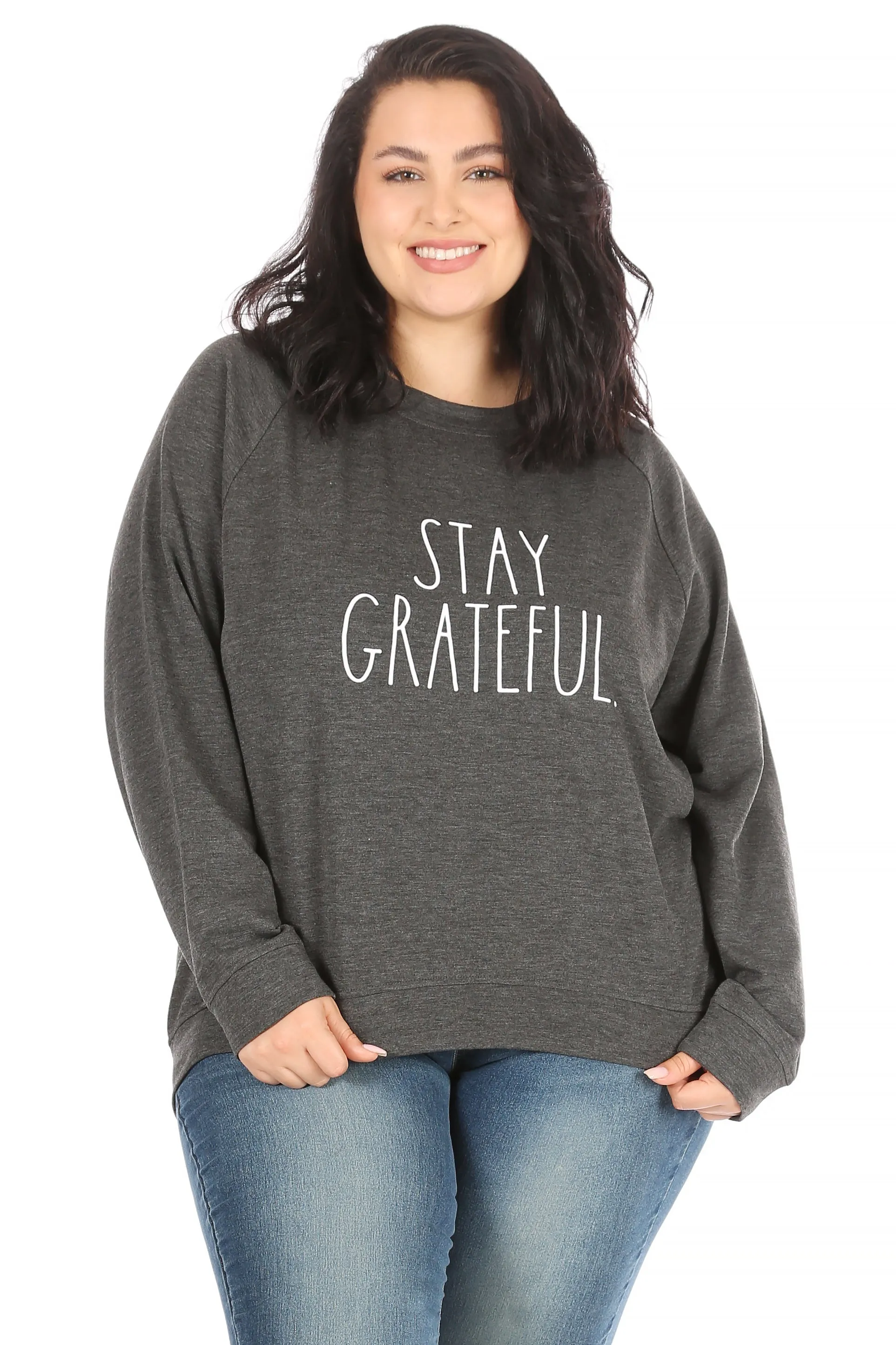 Women's "STAY GRATEFUL" Plus Size Studio Raglan Pullover Sweatshirt